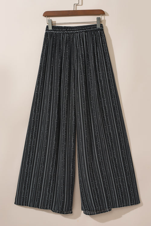 White Striped Printed Slit Wide Leg High Waist Pants