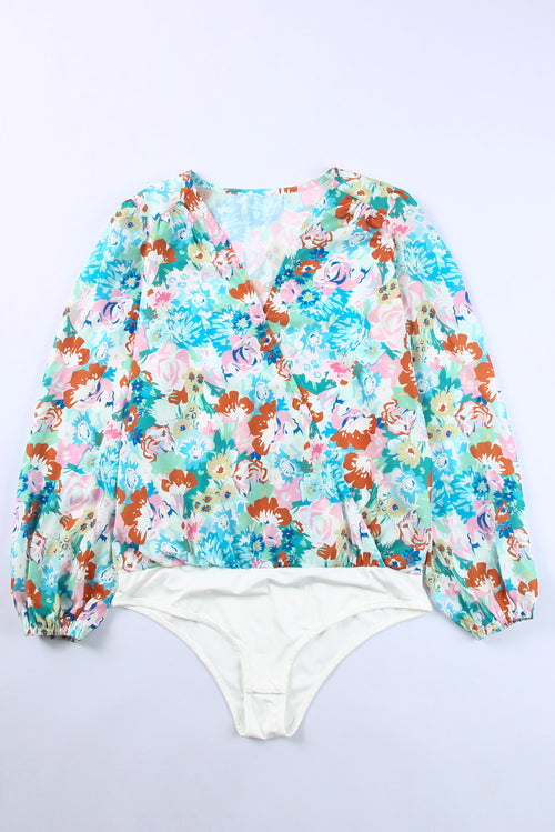 Elegant Sky Blue Floral Wrap Bodysuit