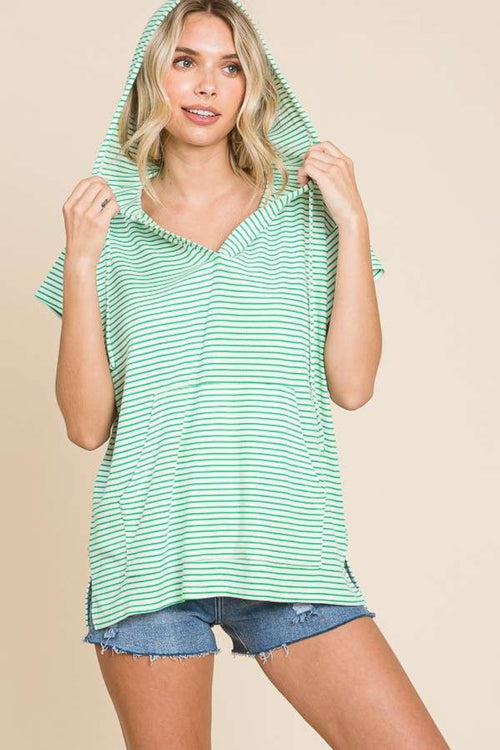 Luxurious Striped Short Sleeve Hooded Top