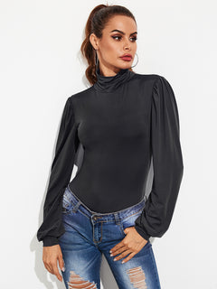 Elegant Turtleneck Backless Lantern Sleeves Bodysuit