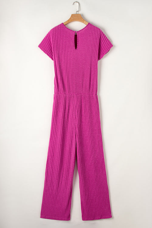 Parchment Solid Color Ribbed Short Sleeve Wide Leg Jumpsuit