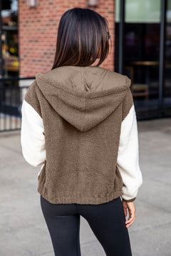 Chic Brown Colorblock Sherpa Hooded Jacket