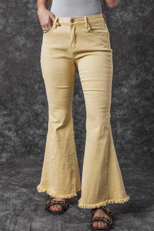 Khaki Raw Edge Flared Jeans: Fresh & Chic