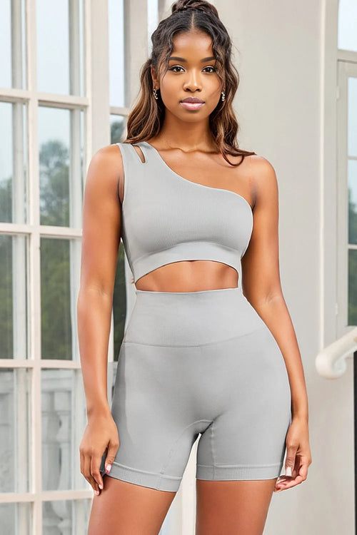 Gray Ribbed Split Shoulder Sports Bra