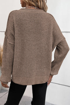 Chic Buttoned V Neck Drop Shoulder Sweater