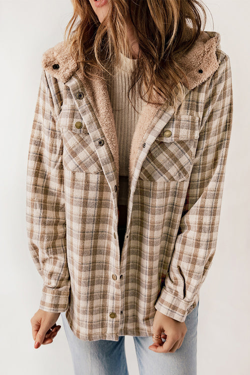 Snuggly Khaki Plaid Sherpa-Lined Hooded Shacket