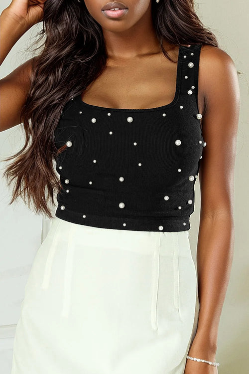 Chic Black Pearl Sleeveless Crop Top: Elevate Your Elegance.