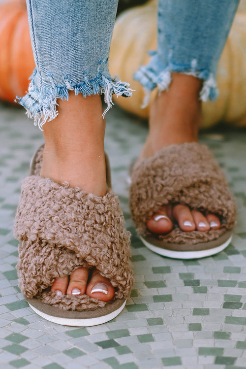 Luxurious Brown Teddy Fur Cross Straps Slippers