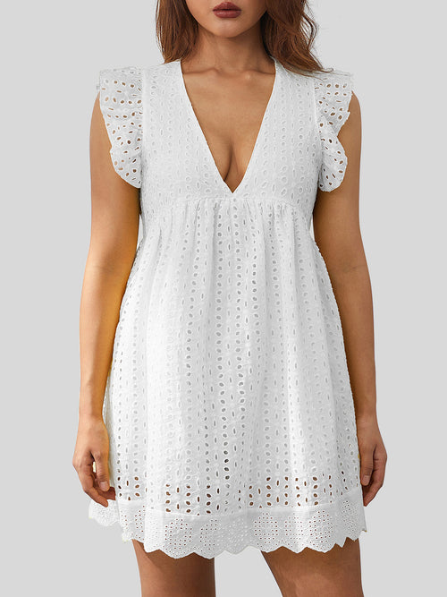 Eyelet Ruffled Mini Dress with Cap Sleeves