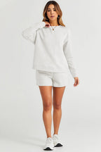 White Textured Long Sleeve Top and Drawstring Shorts Set