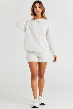 White Textured Long Sleeve Top and Drawstring Shorts Set