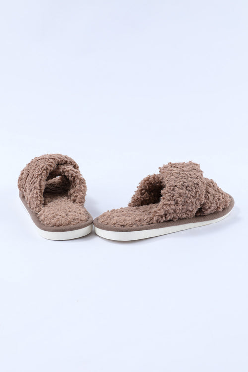 Luxurious Brown Teddy Fur Cross Straps Slippers