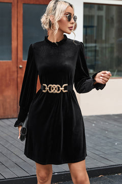 Elegant Black Velvet Frill Neck Shift Dress