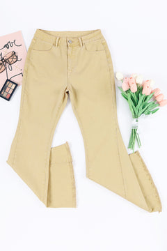 Khaki Raw Edge Flared Jeans: Fresh & Chic