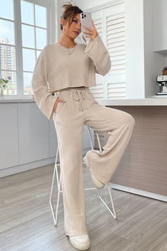 Khaki Ribbed Knit Bell Sleeve Crop Top Drawstring Pants Set