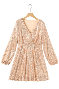 Apricot Sequin V-Neck Elegance Dress