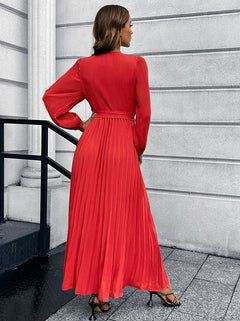 V-Neck Pleated Maxi Dress with Tie Waist