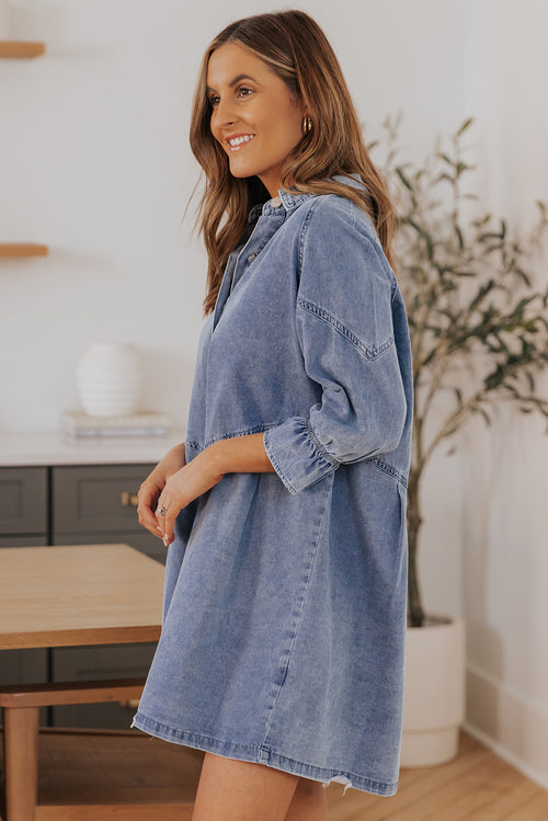 Sky Blue Buttoned Long Sleeve Denim Mini Dress