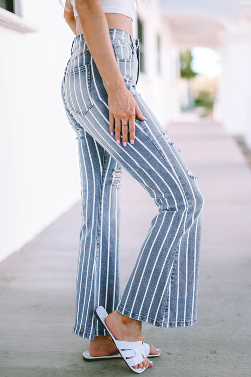 Sky Blue Striped Ripped Flare Jeans 🌟