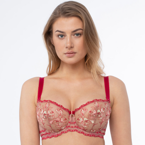 Elegant Red Sheer Mesh Balconette Bra with Swiss Embroidery