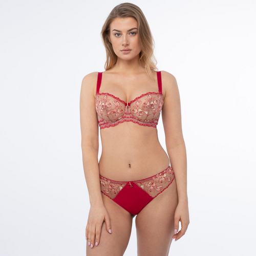 Elegant Red Sheer Mesh Balconette Bra with Swiss Embroidery