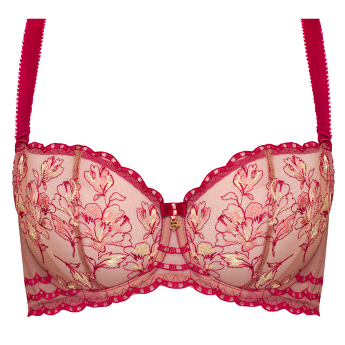 Elegant Red Sheer Mesh Balconette Bra with Swiss Embroidery