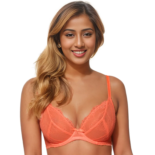 Sheer Lace Plunge Bra Gossard Superboost Neon Coral