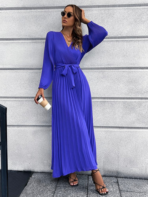 V-Neck Pleated Maxi Dress with Tie Waist