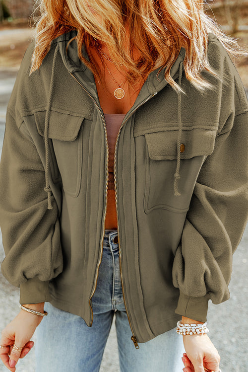 Charming Gray Flap Pocket Drawstring Hoodie Jacket