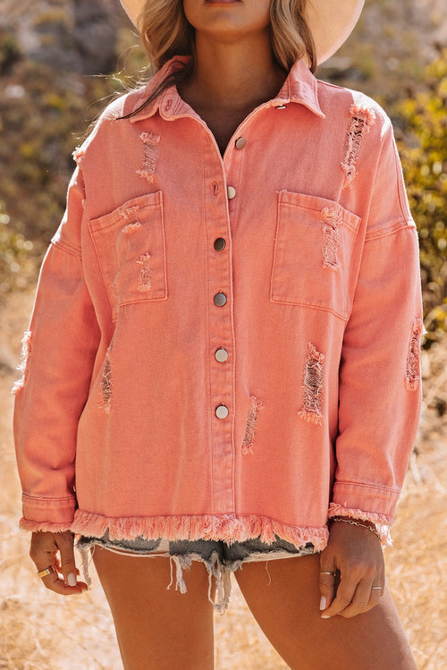 Green Distressed Denim Jacket with Fringe Trim