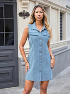 Sleek Denim Elegance: Pocketed Button Up Dress