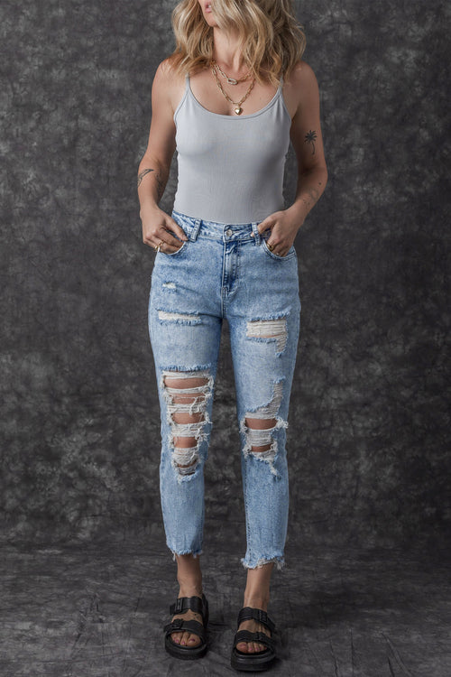 Sky Blue Distressed Slim Fit Acid Wash Jeans