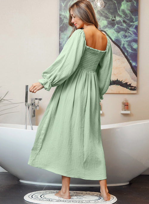 Green Smoked Flounce Sleeve Textured Empire Waist Maxi Dress