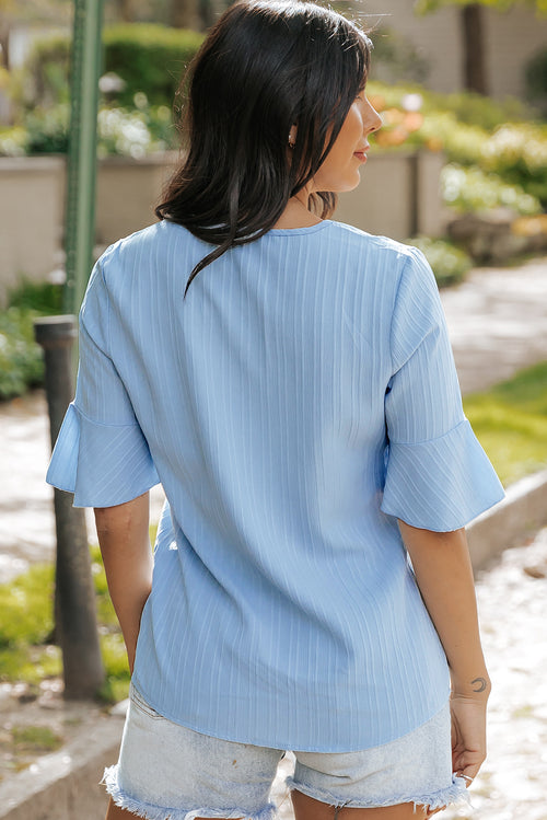 Peach Blossom Ruffled Half Sleeve V Neck Textured Top