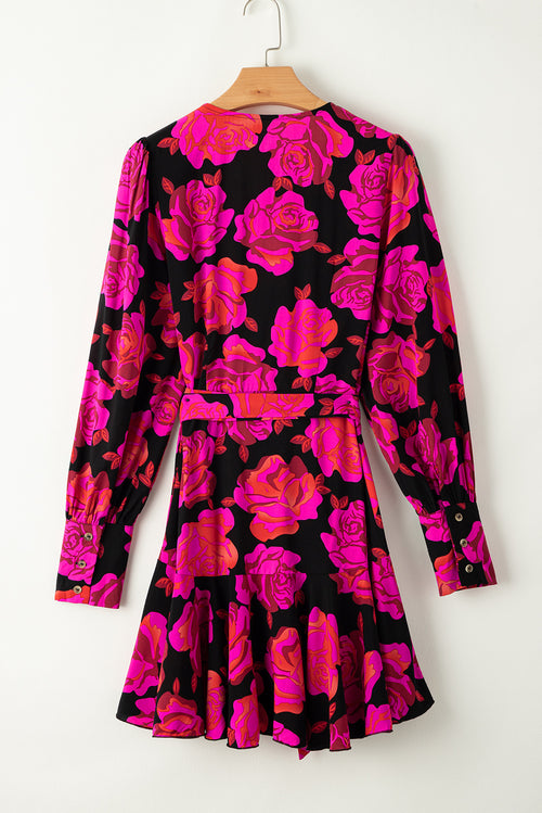 Elegant Rose Floral V Neck Sleeve Dress