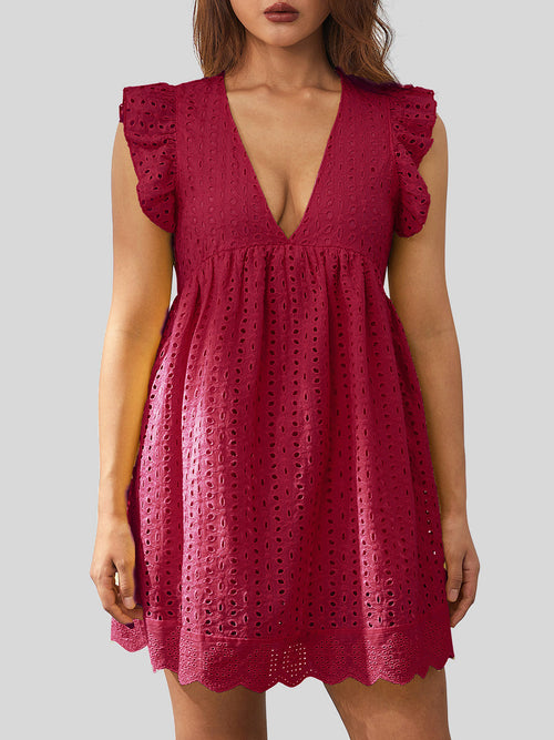 Eyelet Ruffled Mini Dress with Cap Sleeves