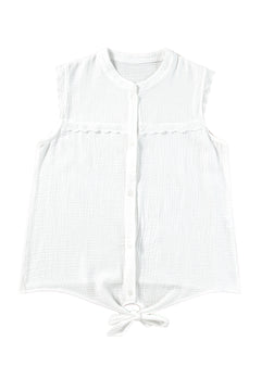 White Lace Trim Crinkle Knot Hem Sleeveless Shirt