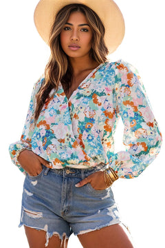 Elegant Sky Blue Floral Wrap Bodysuit