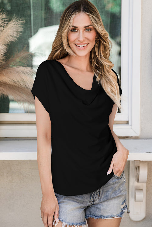 Chic Black Bat Sleeve Cowl Neck Tee 🖤