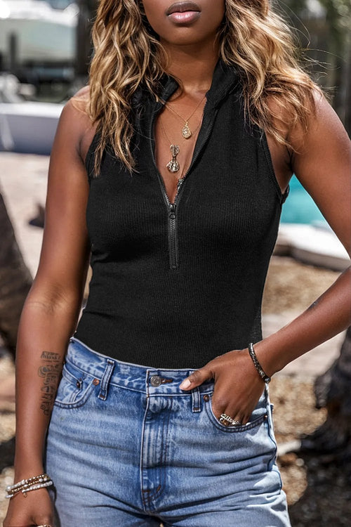 Sophisticated Black Zip-Up Sleeveless Bodysuit