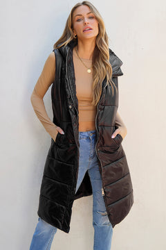 Dark Grey Hooded Long Quilted Vest Coat