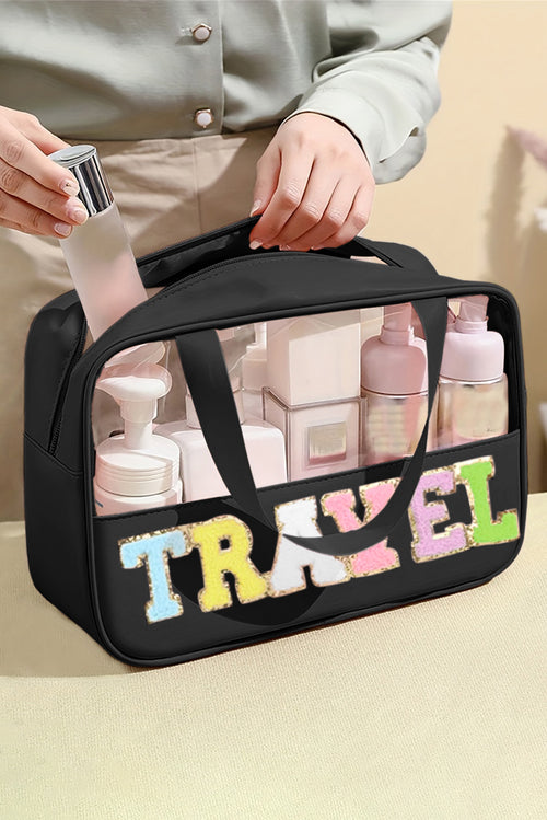 Black TRAVEL Chenille Letter Clear PVC Makeup Bag