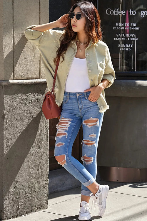 Green Distressed Denim Jacket with Fringe Trim