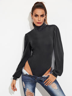 Elegant Turtleneck Backless Lantern Sleeves Bodysuit