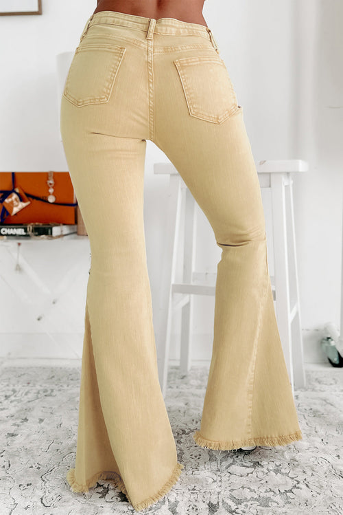 Khaki Raw Edge Flared Jeans: Fresh & Chic