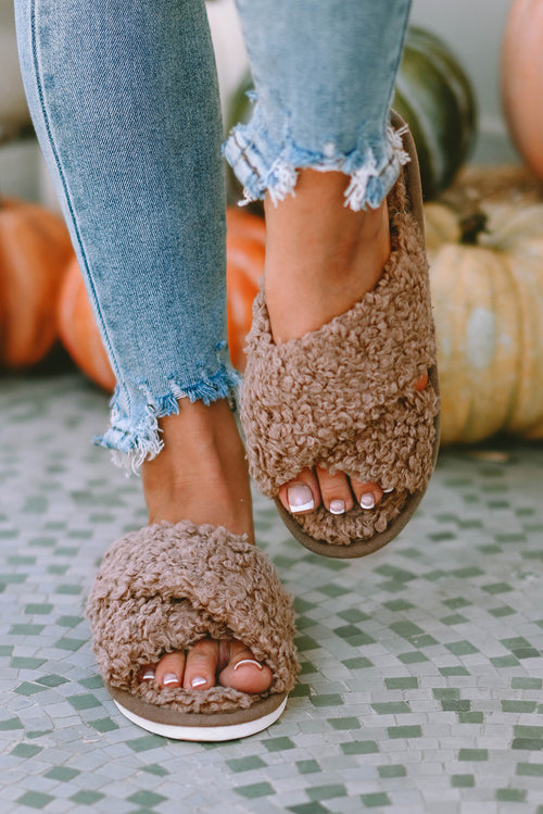 Luxurious Brown Teddy Fur Cross Straps Slippers