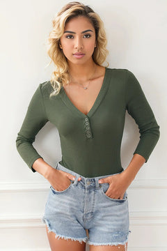 Green Waffle Henley Bodysuit: Effortless Elegance