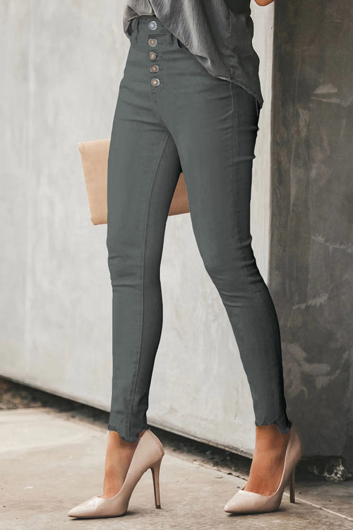 Gray Plain High Waist Buttons Frayed Cropped Denim Jeans