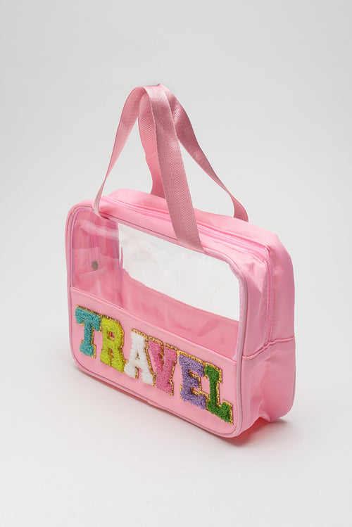 Black TRAVEL Chenille Letter Clear PVC Makeup Bag