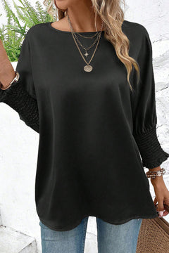 Flowy Black Satin Blouse: Dolman Sleeves Elegance